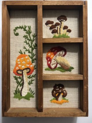 Vintage 1970’s Embroidered Retro Mushroom Wooden Wall Hanging Picture Wood Box