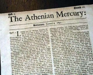 Rare 1691 Athenian Mercury 17th Century London Coffeehouse British Old Newspaper