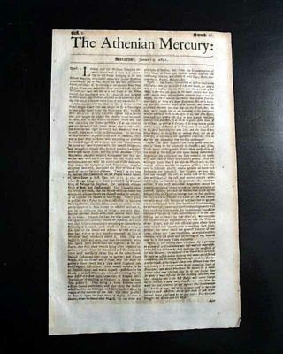 Rare 1691 ATHENIAN MERCURY 17th Century London COFFEEHOUSE British Old Newspaper 2