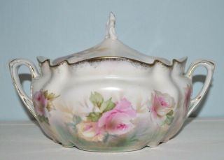 Rs Prussia Double Handled Biscuit Jar Signed Satin Finish Pink Roses