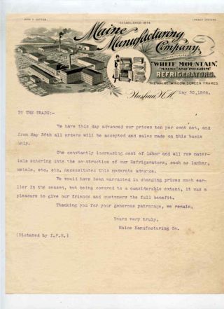 1905 Maine Manufacturing Co Letter White Mountain Refrigerators Nashua Nh