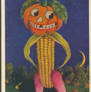 Halloween Corn Cob Man,  Jol Head.  Stalks Farm Field,  Black Cat,  B.  Wall,  Postcard