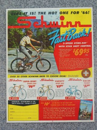 Vintage 1966 Schwinn Fastback 5 Speed Stingray Advertisement