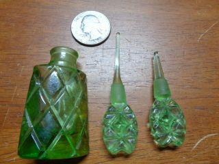 Vintage Made In Occupied Japan Green Glass Perfume Bottle W/ Stoppers Art Deco