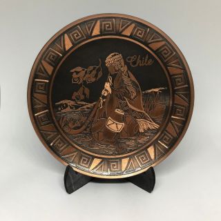 Chile Souvenir Collectible Copper Wall Dish Display Native Woman Playing Music