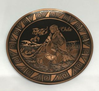 Chile souvenir collectible copper wall dish display native woman playing music 2