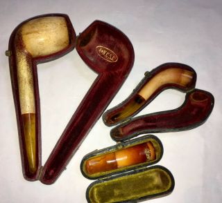 Antique Meerschaum & Amber Pipes A & Ncsl X3 Cigarette Cheroot Holder & Cases