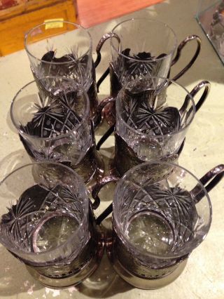 Russian Podstakannik (6) Metal Hot Tea Glass Holders W Crystal Inserts