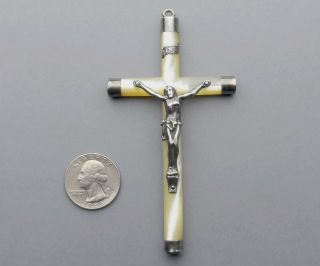 French,  Antique Religious Crucifix.  Silver & Mother of Pearl.  Cross Jesus Christ 2