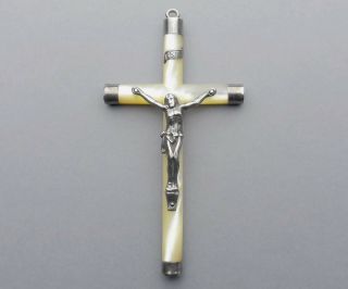French,  Antique Religious Crucifix.  Silver & Mother of Pearl.  Cross Jesus Christ 3