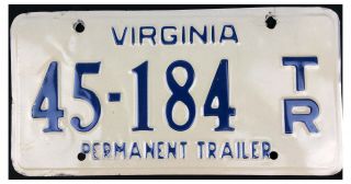 Virginia About 2002 Permanent Trailer License Plate 45 - 184 T/r