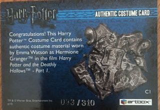 Emma Watson 2010 Artbox Harry Potter Costume Card Hermione C1 Deathly Hallows 2