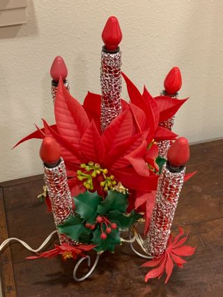 Vintage Mirostar? Mesh 5 Bulb Table Top Christmas Candelabra Poinsettias Red