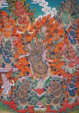 50 " Embroidered Brocade Scroll Thangka:rahula Body Full Of Eyes Wrathful Deity=