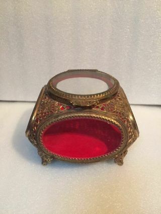 Vintage Gold Ormolu Casket Trinket Jewelry Box - Beveled Glass - Stunning - C9