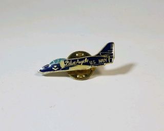 Vintage Us Navy Blue Angels Jet Plane Enamel Lapel Hat Pin Side View Gold Tone
