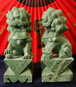 Feng Shui Pair Jade Temple Lions Sculpture / Statue - Gorgeous