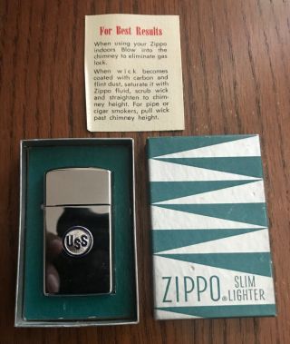1959 Zippo Lighter Slim U.  S.  S.  United States Steel Silver Green Box Rare Nos
