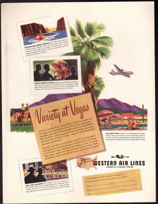 1946 Vintage Print Ad Western Airlines Las Vegas Denver - Los Angeles