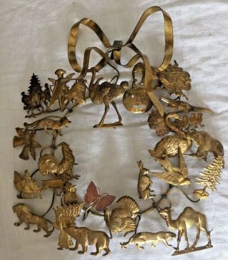 Vintage 11 " Dresden Brass All Season 27 Figures Wreath Including Big Brass Bow
