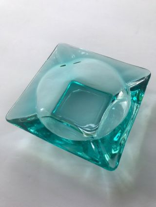 Vintage Square Glass Turqouise 4 - 3/4 " Square Table Top Cigar Ash Tray