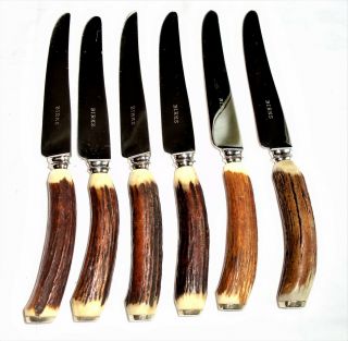 Set Of Six Vintage Birks Stainless Steel & Staghorn Handle Steak Knives