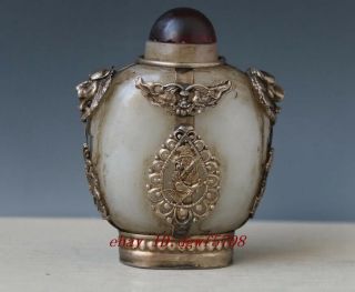 Chinese Collectibles Handwork White Jade Armored Dragon Leo Snuff Bottle