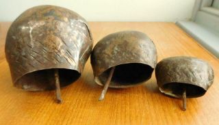 3 Vintage Cowbell Graduated Set For Hanging Wind Chime 1900s