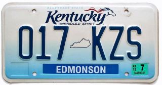 Kentucky " Unbridled Spirit " License Plate,  017 Kzs,  Brownsville,  Edmonson County