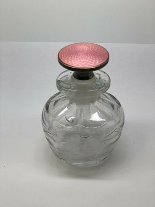 Vintage Glass Perfume Bottle With Pink Sterling Enameled Top