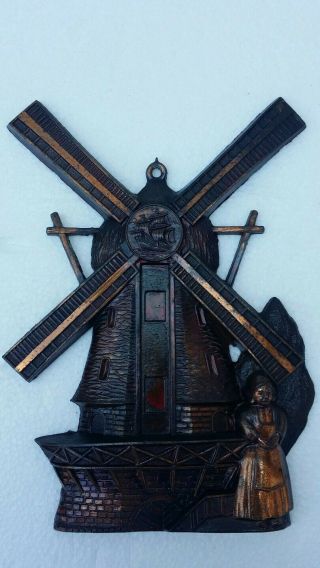 Vintage Metal Dutch Windmill Plaque Bronze Finished Holland