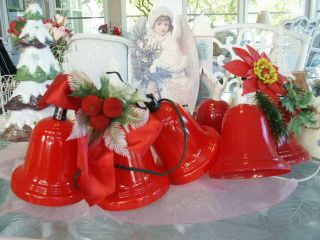 6 Vintage Plastic Christmas Bells Red Hard Plastic Light Covers 5 " Light Up