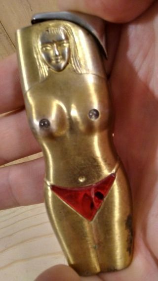 Vintage Naked Woman Lady Brass Butane Cigarette Lighter Gold Tone