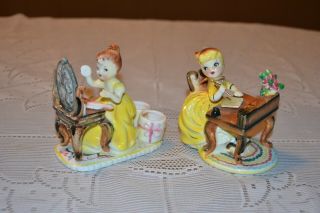 2 Vintage Ceramic Girl Figurines Lipstick Holder Writing Desk Cute Yellow