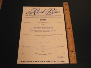 Baltimore & Ohio Railroad Dining Car Menu The Royal Blue One Sided