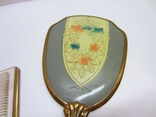 Vtg Mid Century Gold Tone Floral Vanity Dresser Set Brush Comb Hand Mirror 2