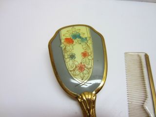 Vtg Mid Century Gold Tone Floral Vanity Dresser Set Brush Comb Hand Mirror 3