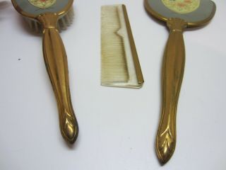 Vtg Mid Century Gold Tone Floral Vanity Dresser Set Brush Comb Hand Mirror 4