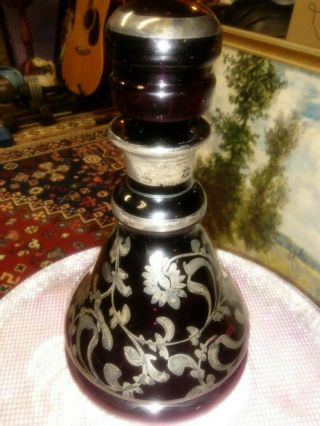 Vintage Venetian Amethyst W/ Silver Overlay Perfume Scent Bottle