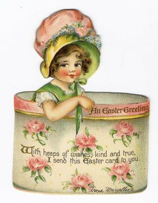 Nister Irene Marsellus Die Cut Little Girl In Easter Hat Box C 1910 With Stand