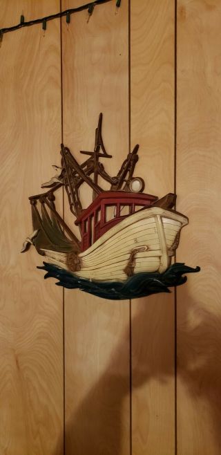 Sexton Large Ship Boat W/ Sails Wall Hanging Plaque Nautical Cast Metal Vtg