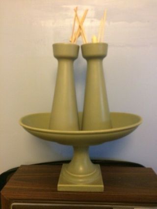 Mcm Hyalyn Midcentury Green Porcelain Pottery 3 Pc Set 2 Vases & 1 Pedestal Dish