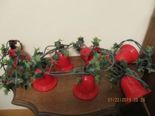 Vintage Christmas Plastic Strand Of 7 Red Bells With Lights& Plastic Garland