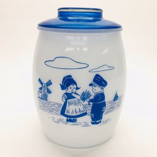 Vintage Bartlett Collins Dutch Boy & Girl Windmill 10 " Glass Cookie Jar Blue Lid