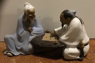 Mud Man Chinese Men Playing Board Game Clay Signed China Figurine