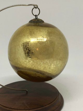 Estate Antique German Kugel Christmas Ornament,  Brass Cap,  Gold W/ Some Loss,  3 "