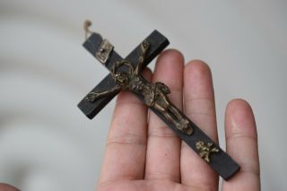 ⭐ Antique Religious Cross,  Crucifix,  Bronze & Ebony Wood ⭐