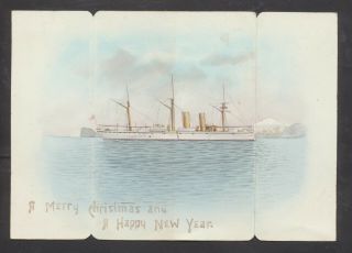 C4728 Japanese Victorian Hand Painted Xmas Card: Steam Ship Inside