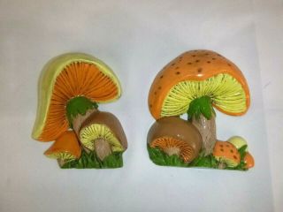 Pr Vtg Mid Century Groovy Ceramic Mushroom Wall Hangings Orange Green