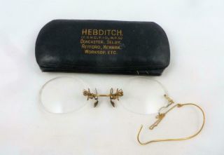 Antique Victorian 1/30 Gold Filled Pince Nez Spectacles Glasses Earpiece & Case